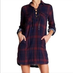 Blank NYC plaid lace up tunic flannel shirt mini dress